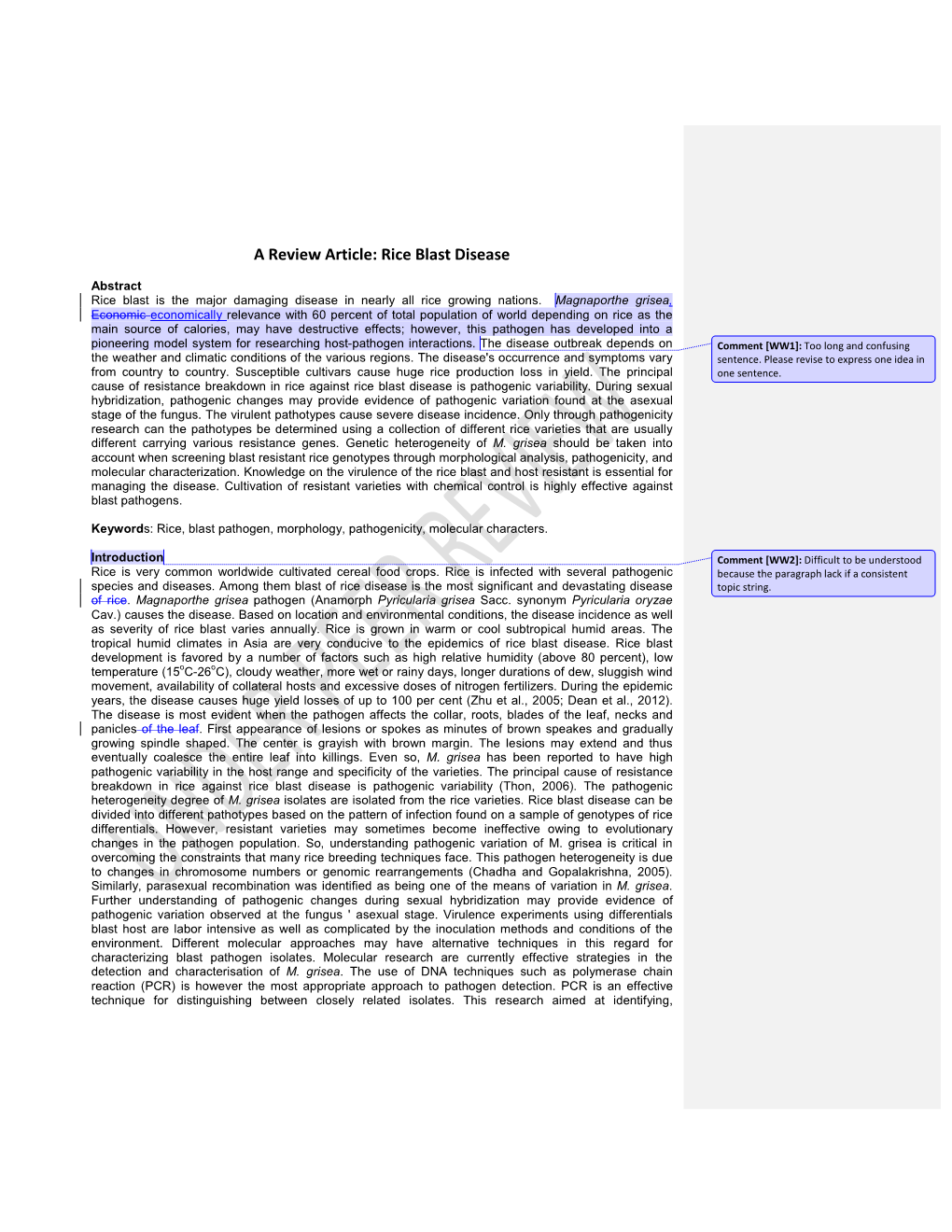 A Review Article: Rice Blast Disease