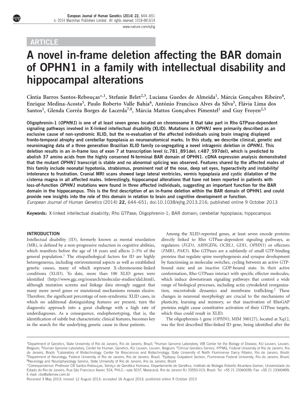 A Novel In-Frame Deletion Affecting the BAR Domain of OPHN1 in a Family with Intellectual Disability and Hippocampal Alterations