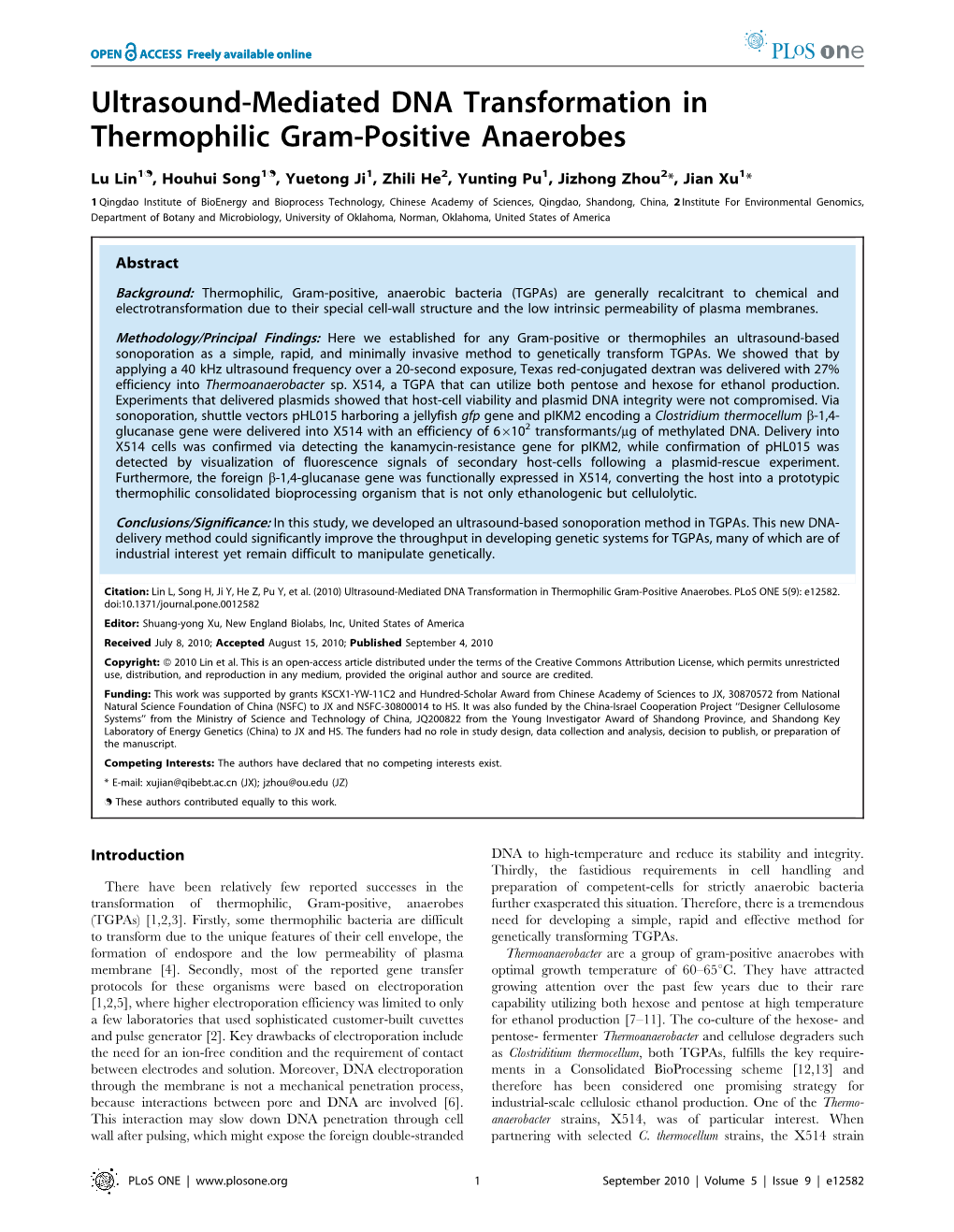 Ultrasound-Mediated DNA Transformation in Thermophilic Gram-Positive Anaerobes