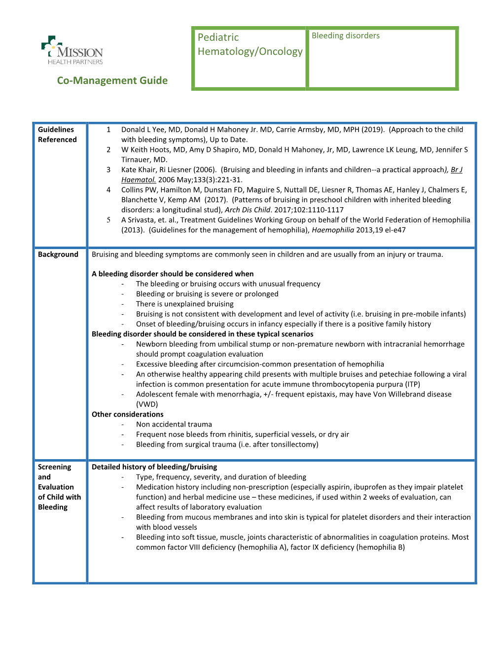 Co-Management Guide Pediatric Hematology/Oncology