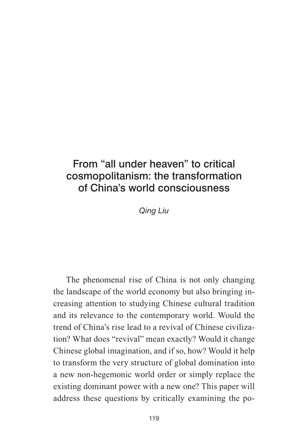 To Critical Cosmopolitanism: the Transformation of China’S World Consciousness