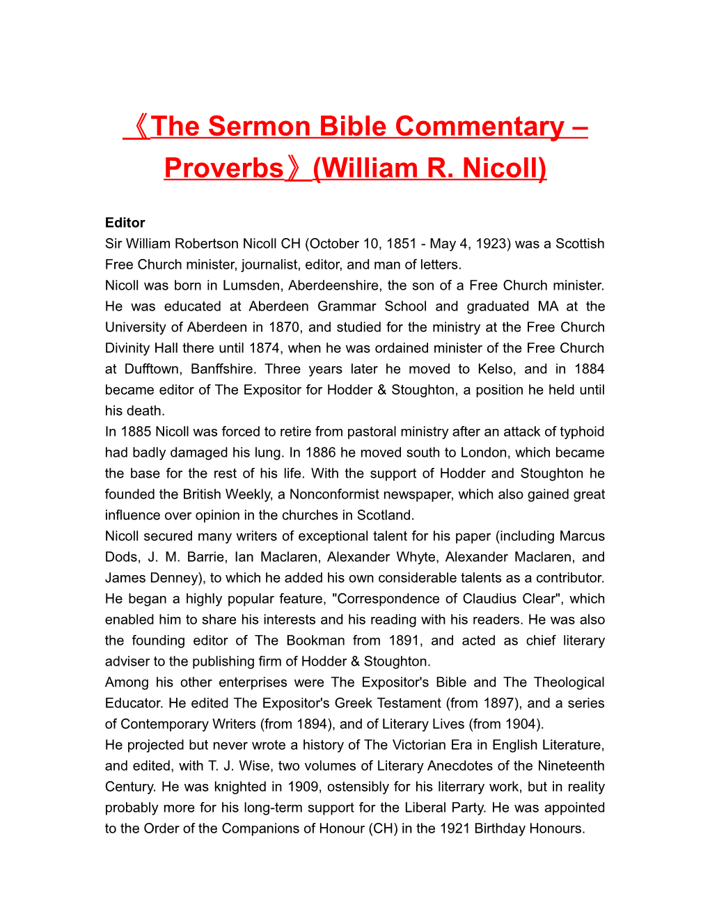 The Sermon Bible Commentary Proverbs (William R. Nicoll)