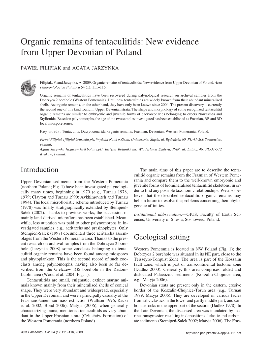 Organic Remains of Tentaculitids: New Evidence from Upper Devonian of Poland