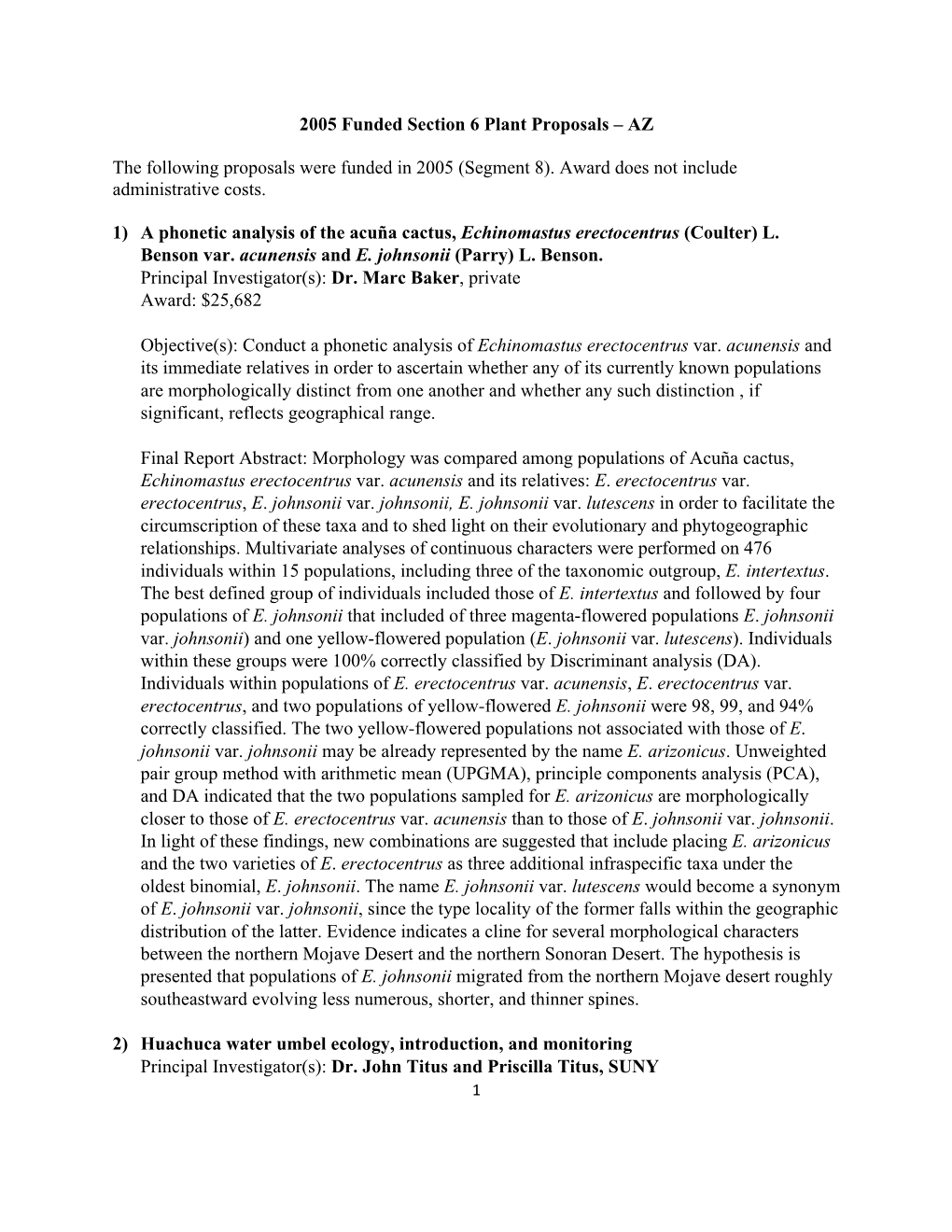 2005 Funded Section 6 Plant Proposals Summaries W Abstracts