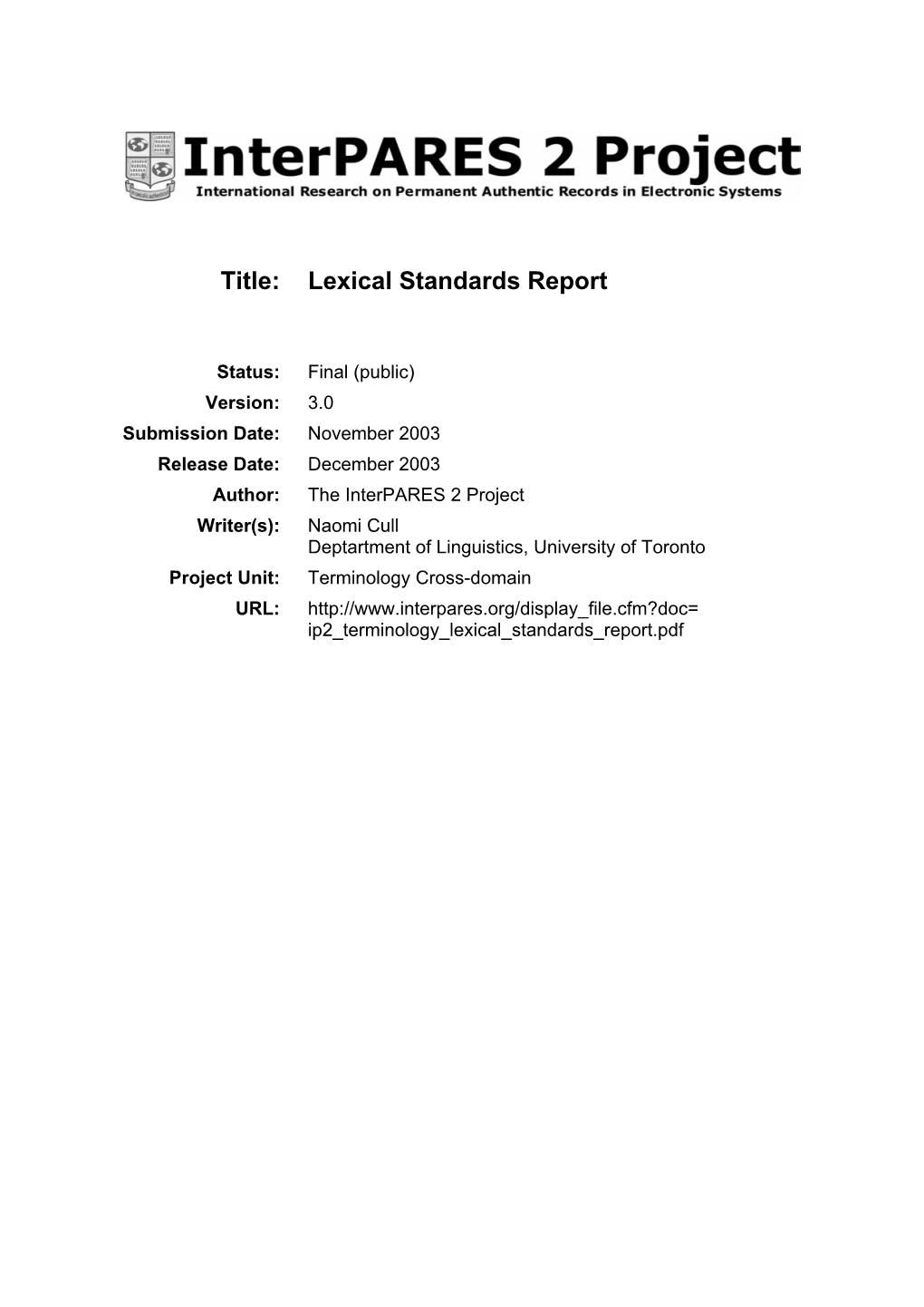 Lexical Standards Report