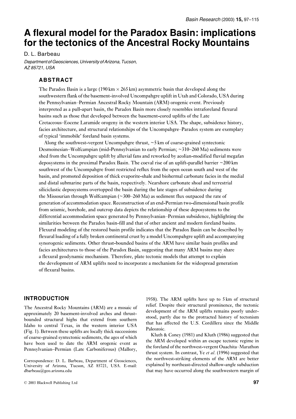 A Flexural Model for the Paradox Basin: Implications for the Tectonics of the Ancestral Rocky Mountains D