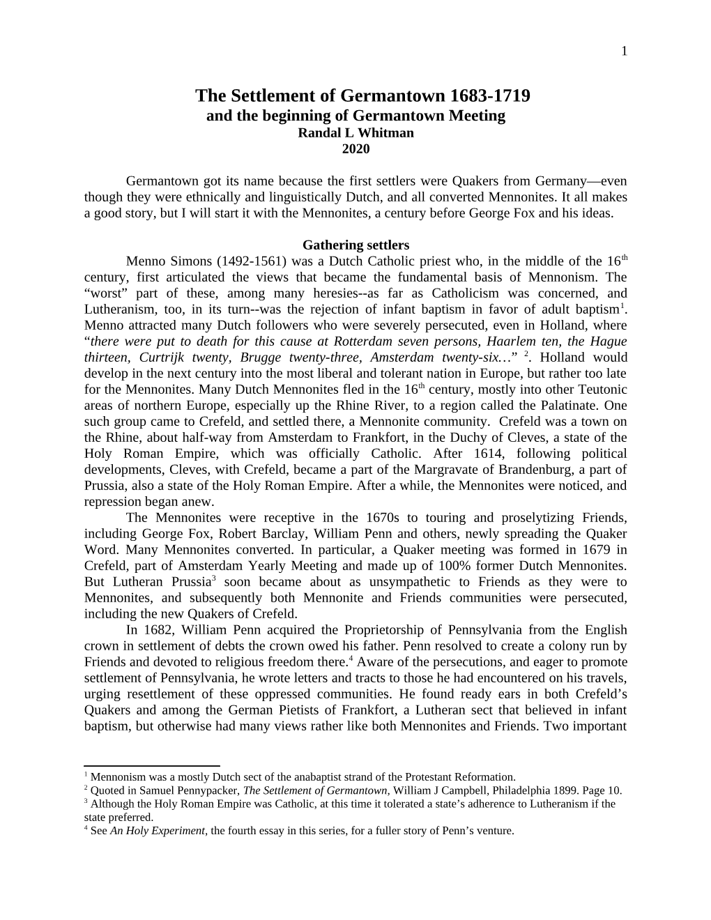 The Settlement of Germantown 1683-1719 and the Beginning of Germantown Meeting Randal L Whitman 2020