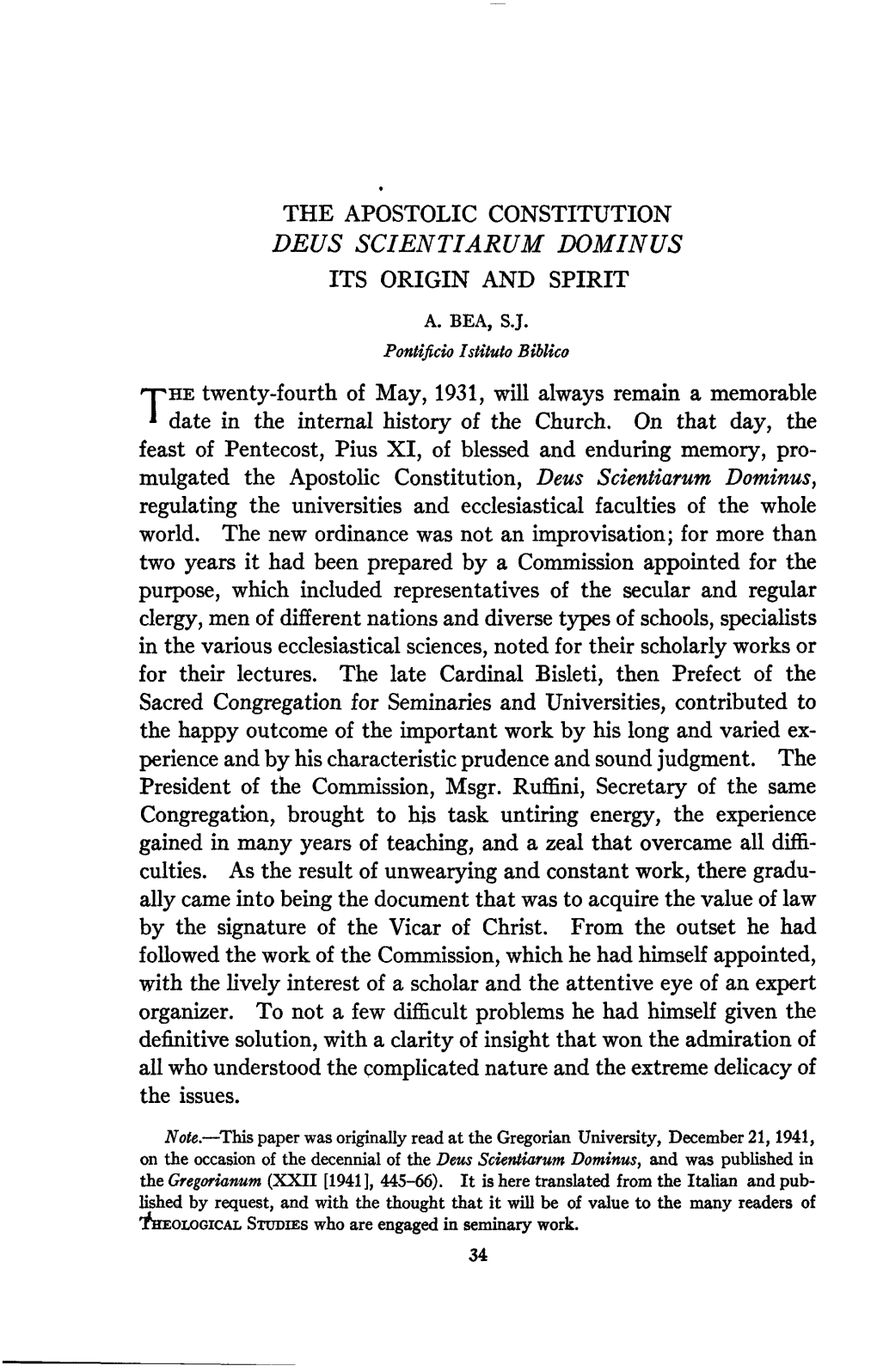 The Apostolic Constitution Deus Scientiarum Dominus Its Origin and Spirit A