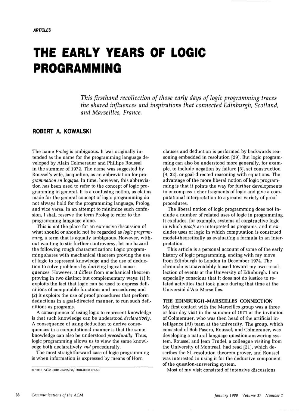 The Early Years of Logic Programming