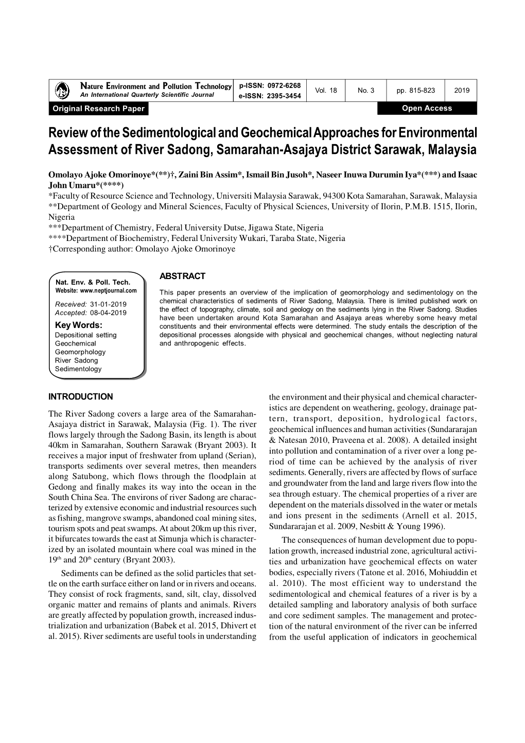 Review of the Sedimentological and Geochemical Approaches for Environmental Assessment of River Sadong, Samarahan-Asajaya District Sarawak, Malaysia