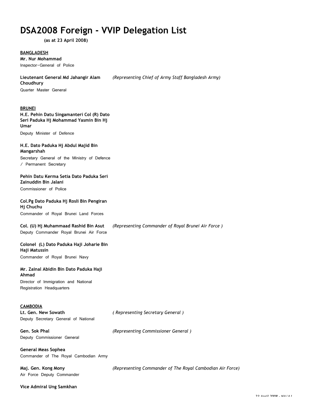 DSA2008 Foreign - VVIP Delegation List (As at 23 April 2008)