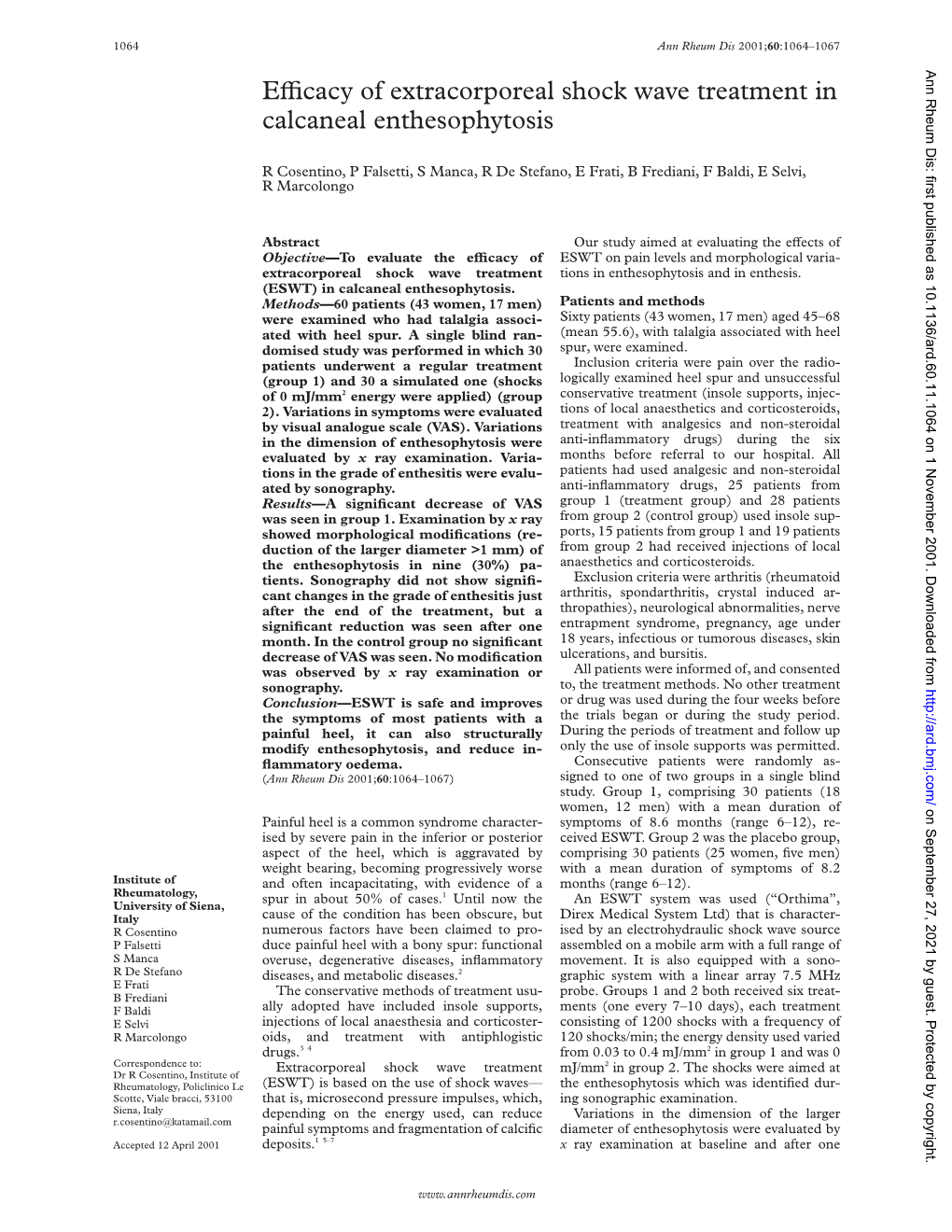 Eycacy of Extracorporeal Shock Wave Treatment in Calcaneal Enthesophytosis