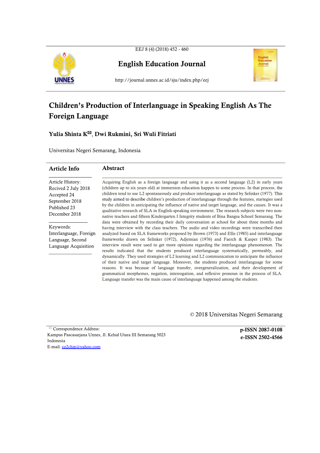 English Education Journal Children's Production of Interlanguage In