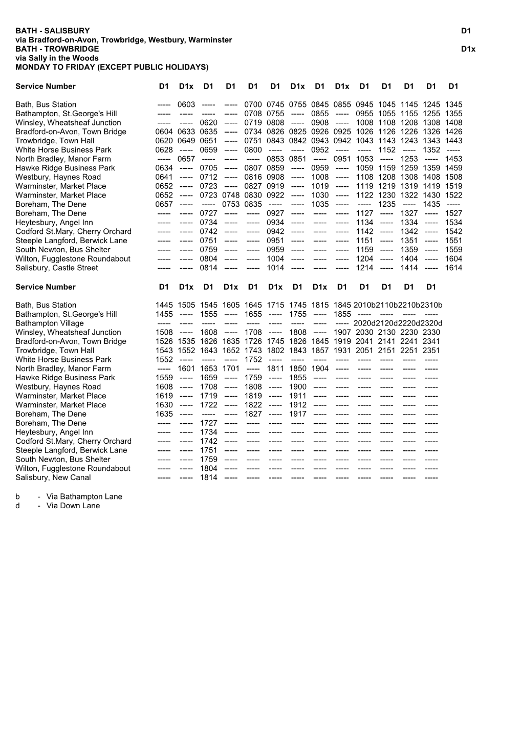 SALISBURY D1 Via Bradford-On-Avon, Trowbridge, Westbury, Warminster BATH - TROWBRIDGE D1x Via Sally in the Woods MONDAY to FRIDAY (EXCEPT PUBLIC HOLIDAYS)