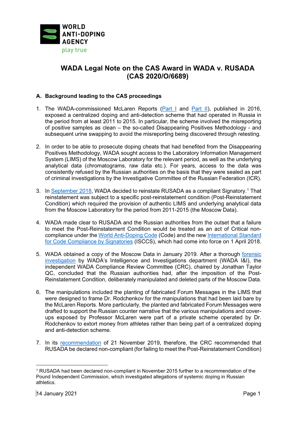 WADA Legal Note on the CAS Award in WADA V. RUSADA (CAS 2020/O/6689)