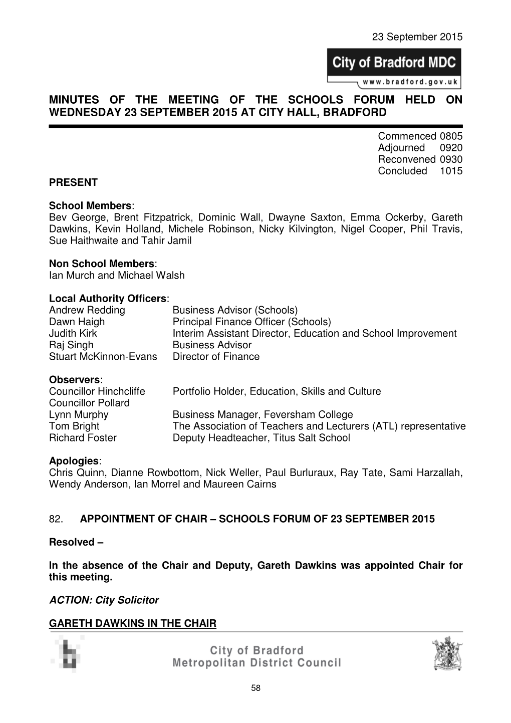 Minutes of the Meeting of the Schools Forum Held on Wednesday 23 September 2015 at City Hall, Bradford
