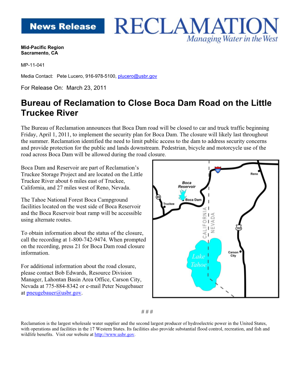 Bureau of Reclamation to Close Boca Dam Road on the Little Truckee River