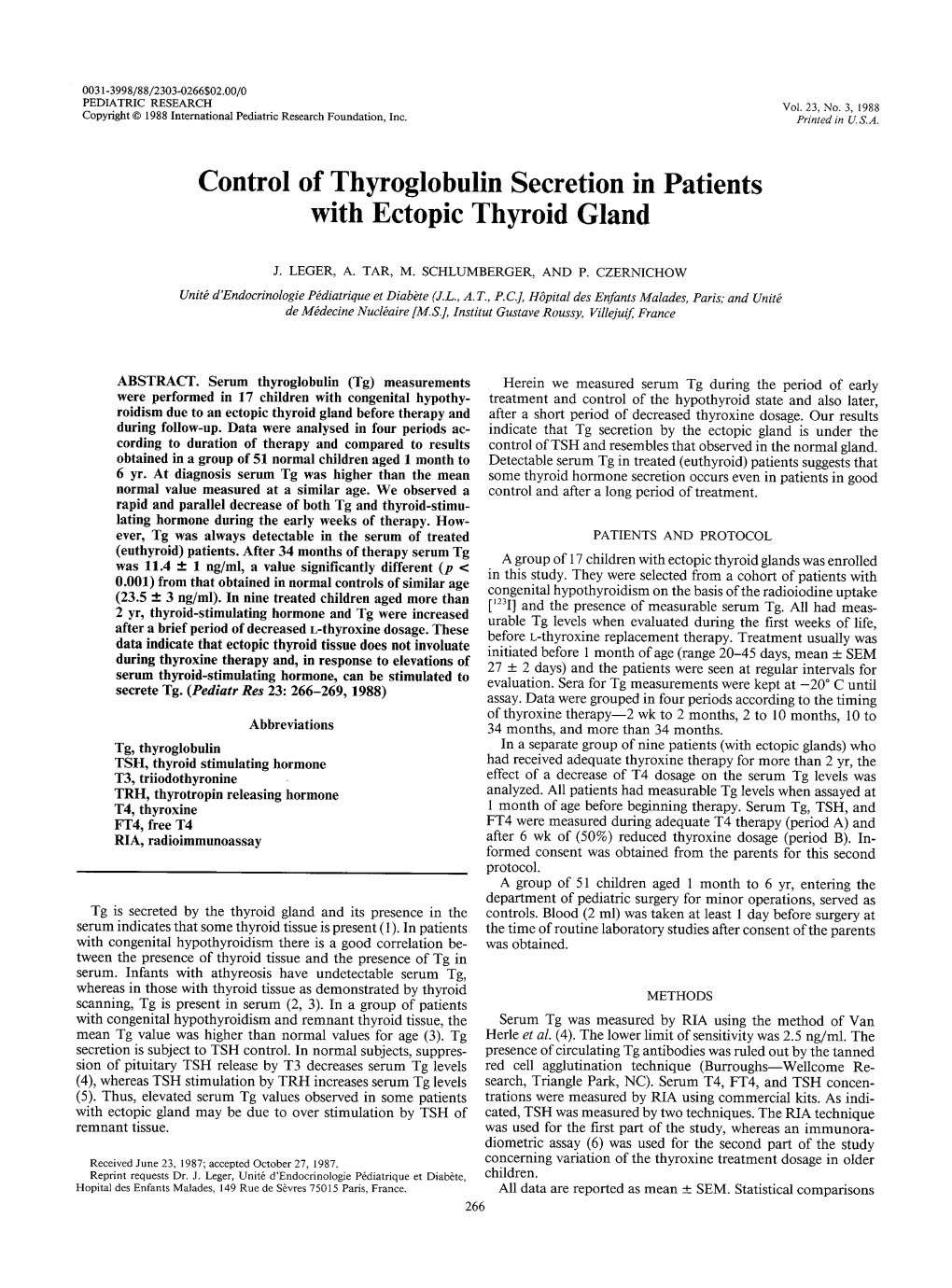 Control of Thyroglobulin Secretion in Patients with Ectopic Thyroid Gland