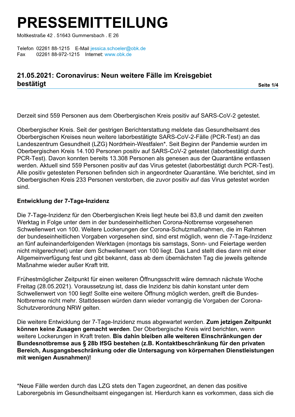 21.05.2021: Coronavirus: Neun Weitere Fälle Im Kreisgebiet Bestätigt Seite 1/4