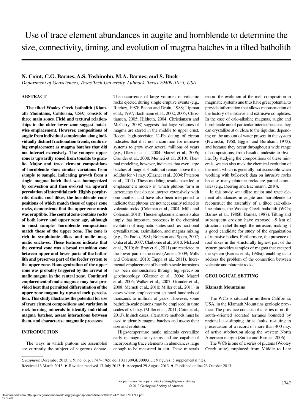 Use of Trace Element Abundances in Augite and Hornblende to Determine the Size, Connectivity, Timing, and Evolution of Magma Batches in a Tilted Batholith