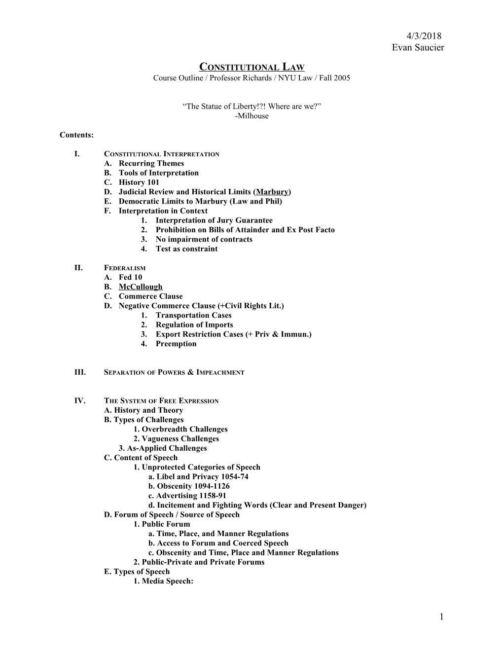 Course Outline / Professor Richards / NYU Law / Fall 2005