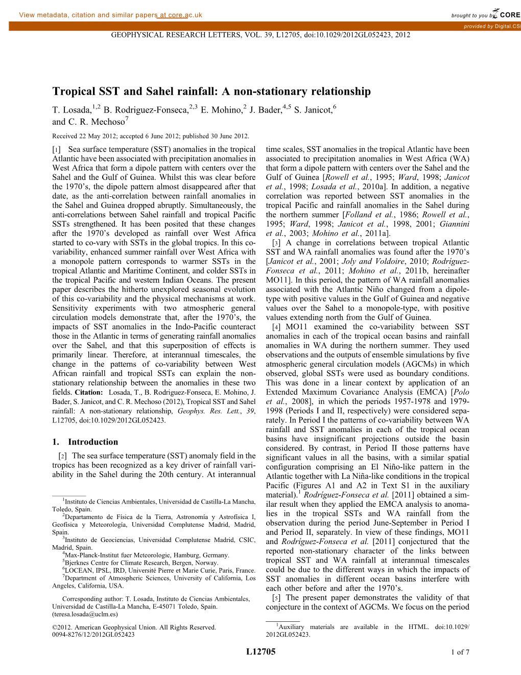 Tropical SST and Sahel Rainfall: a Non-Stationary Relationship T