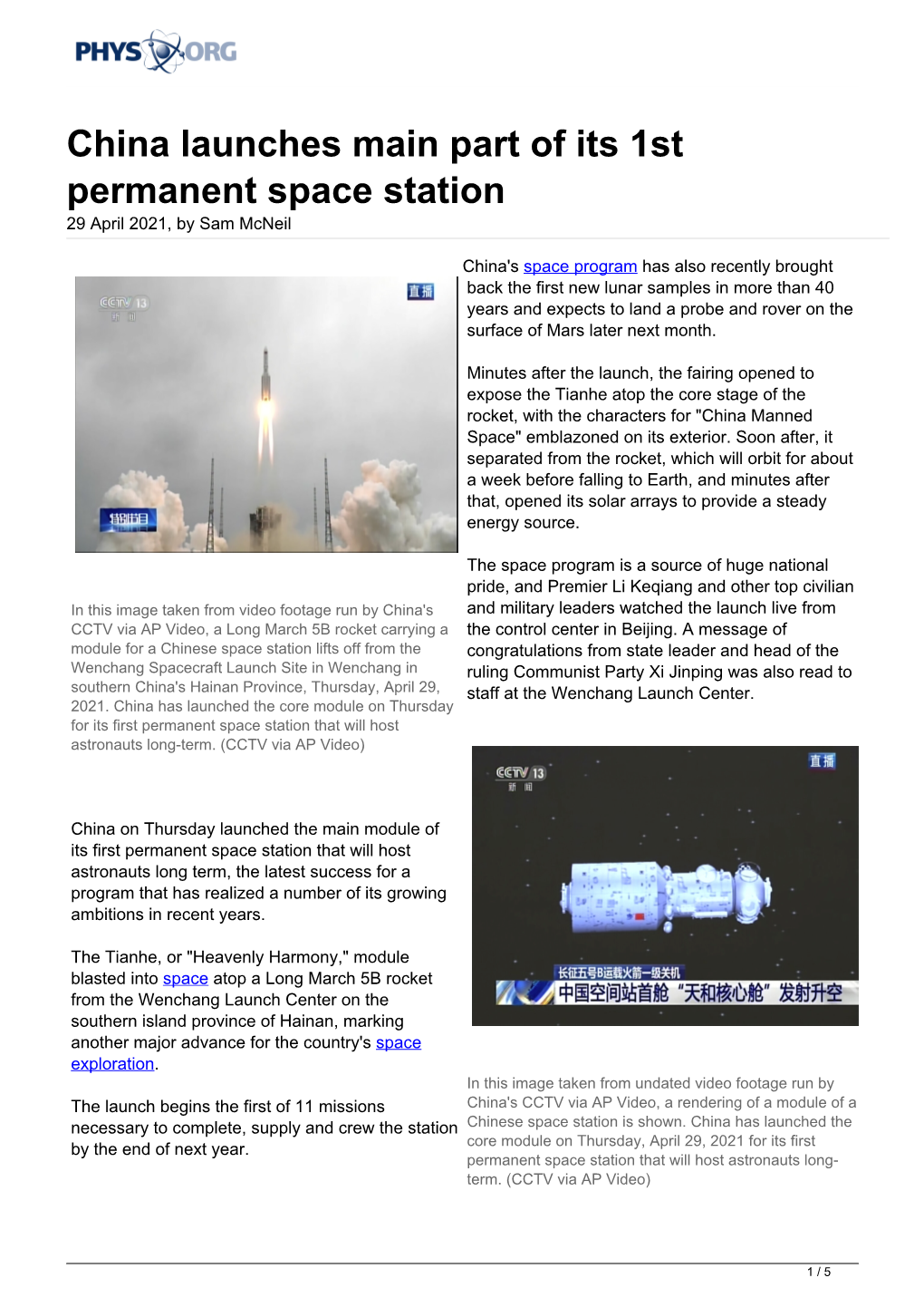 China Launches Main Part of Its 1St Permanent Space Station 29 April 2021, by Sam Mcneil