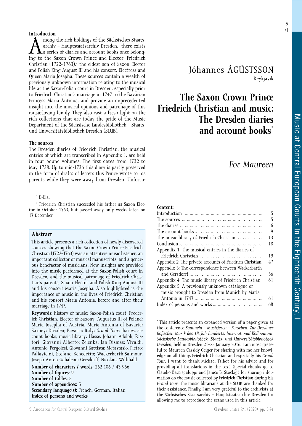 The Saxon Crown Prince Friedrich Christian and Music: the Dresden Diaries and Account Books 7 /3 Music at Central European Courts in the Eighteenth Century, I