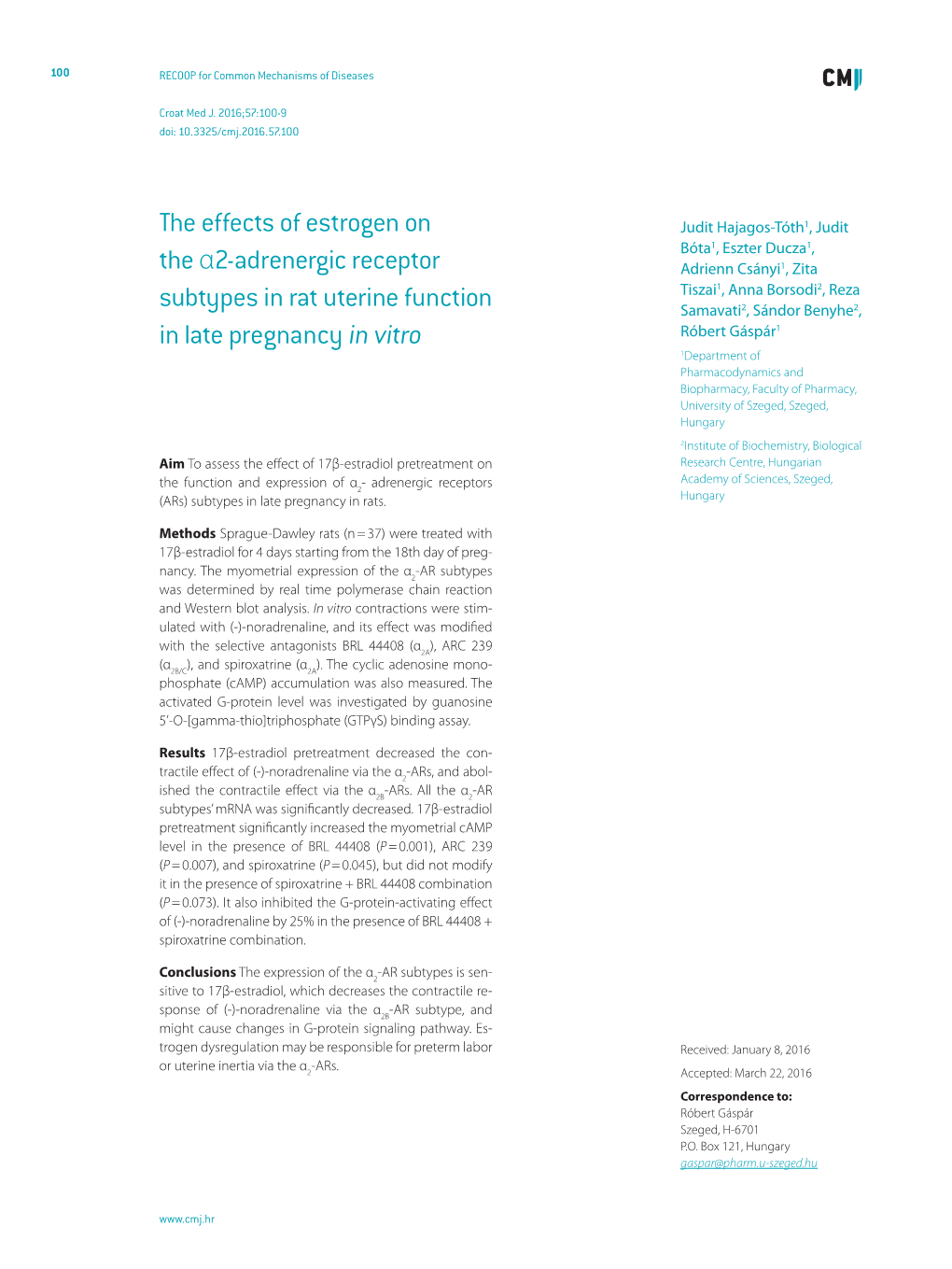 The Effects of Estrogen on the Α2-Adrenergic Receptor Subtypes In