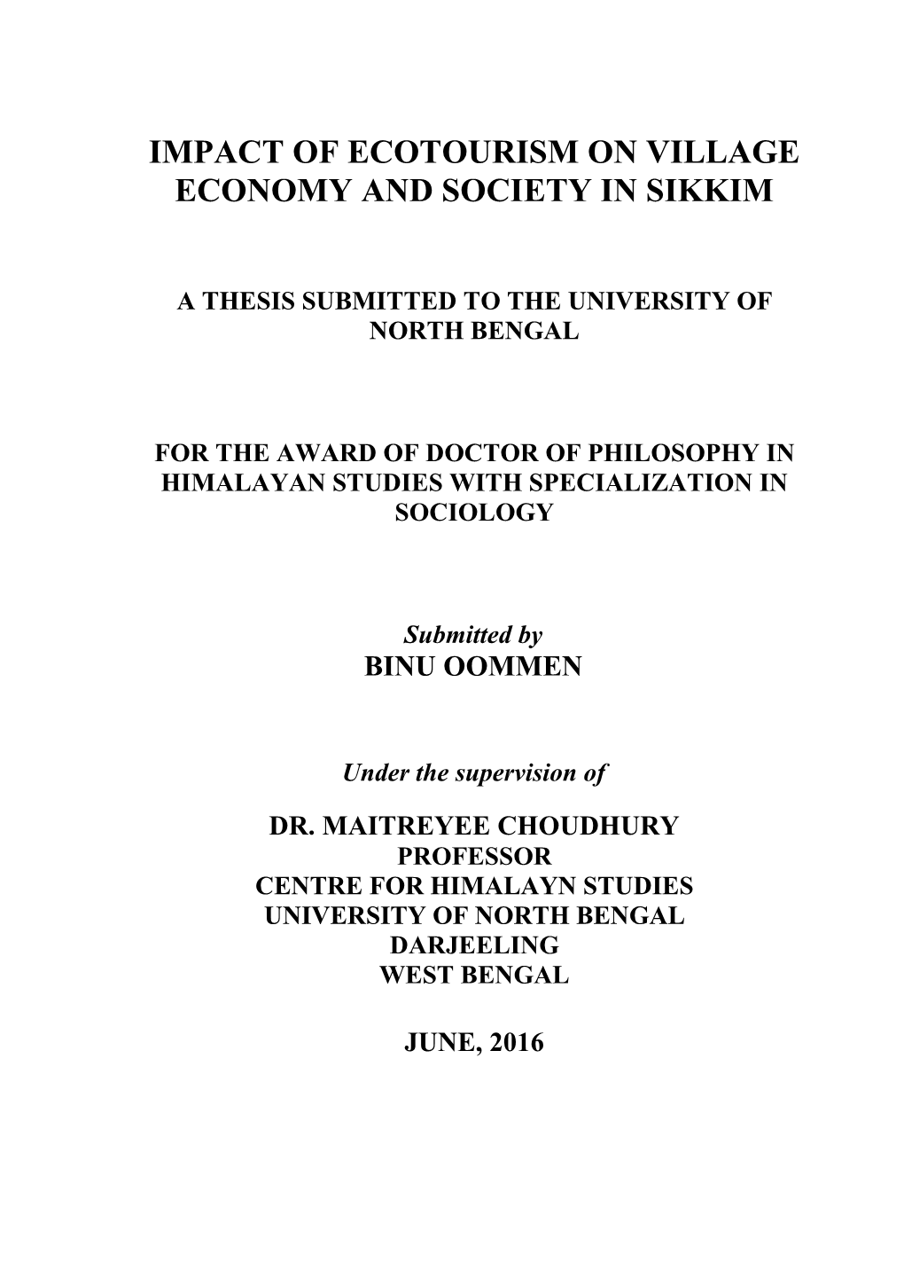 Impact of Ecotourism on Village Economy and Society in Sikkim