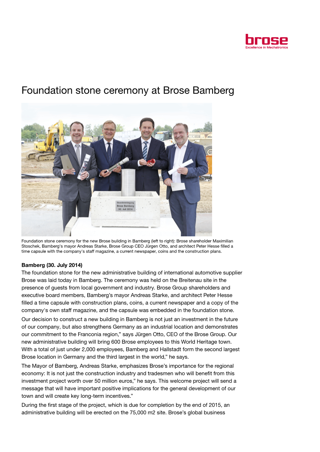 Foundation Stone Ceremony at Brose Bamberg