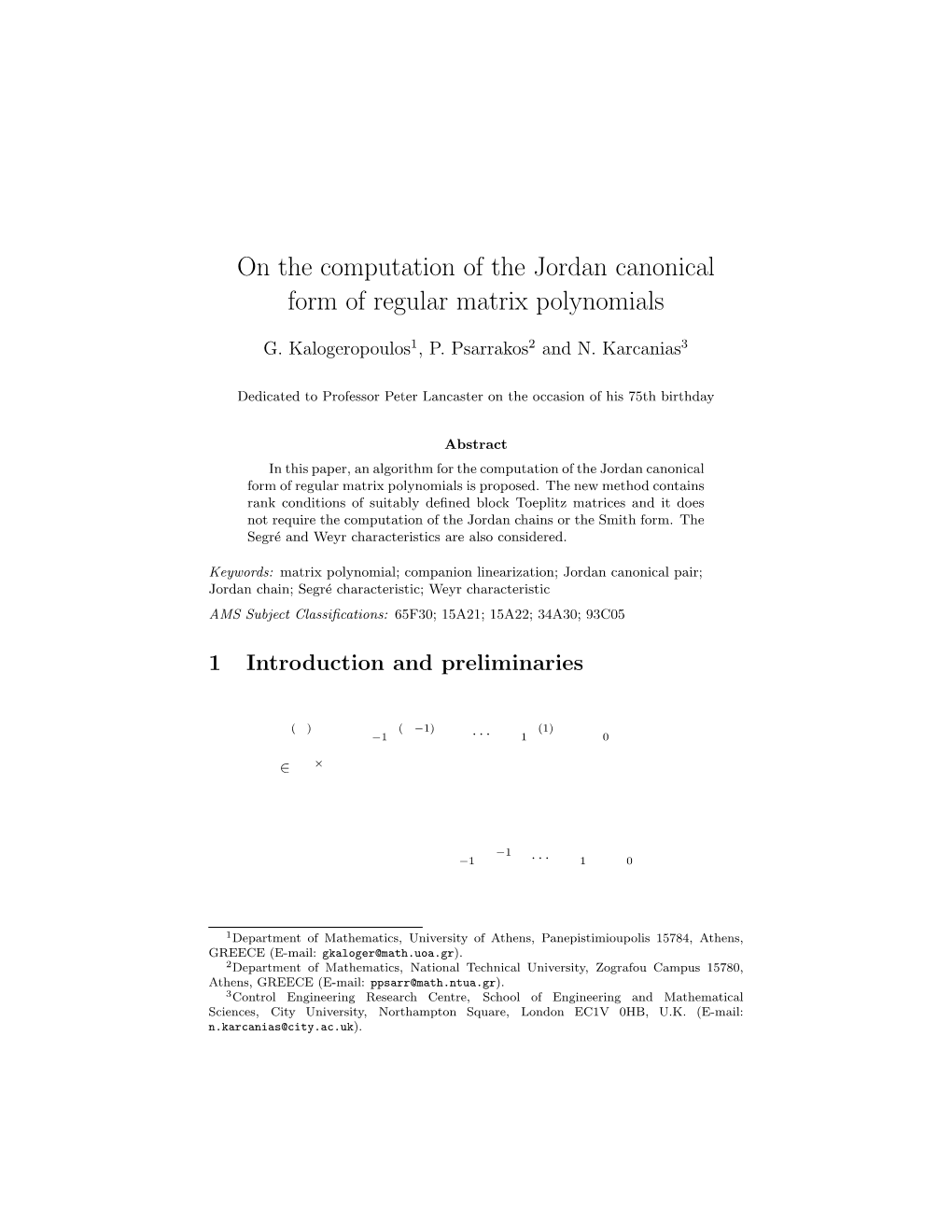 On the Computation of the Jordan Canonical Form of Regular Matrix Polynomials
