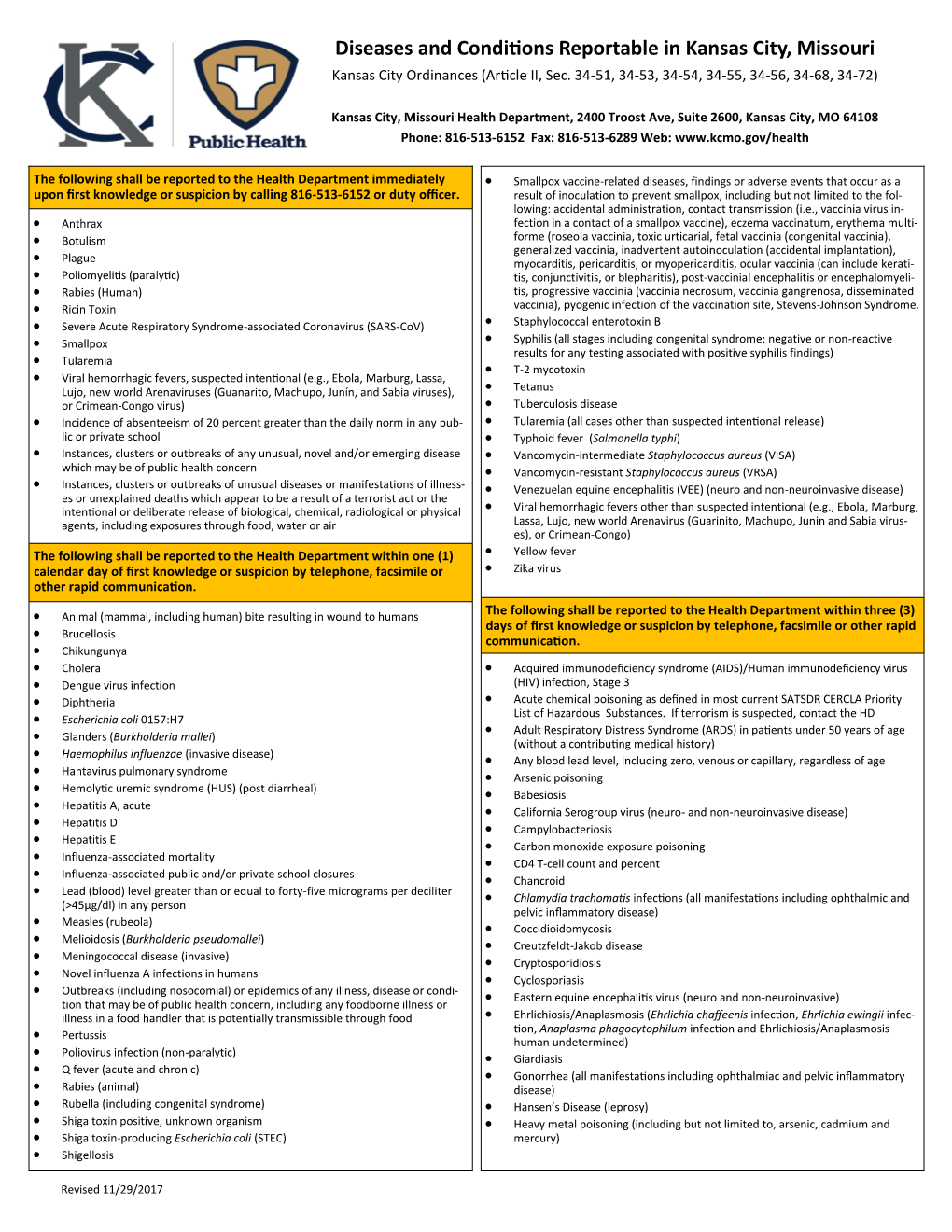 Diseases and Conditions Reportable in Kansas City, Missouri Kansas City Ordinances (Article II, Sec