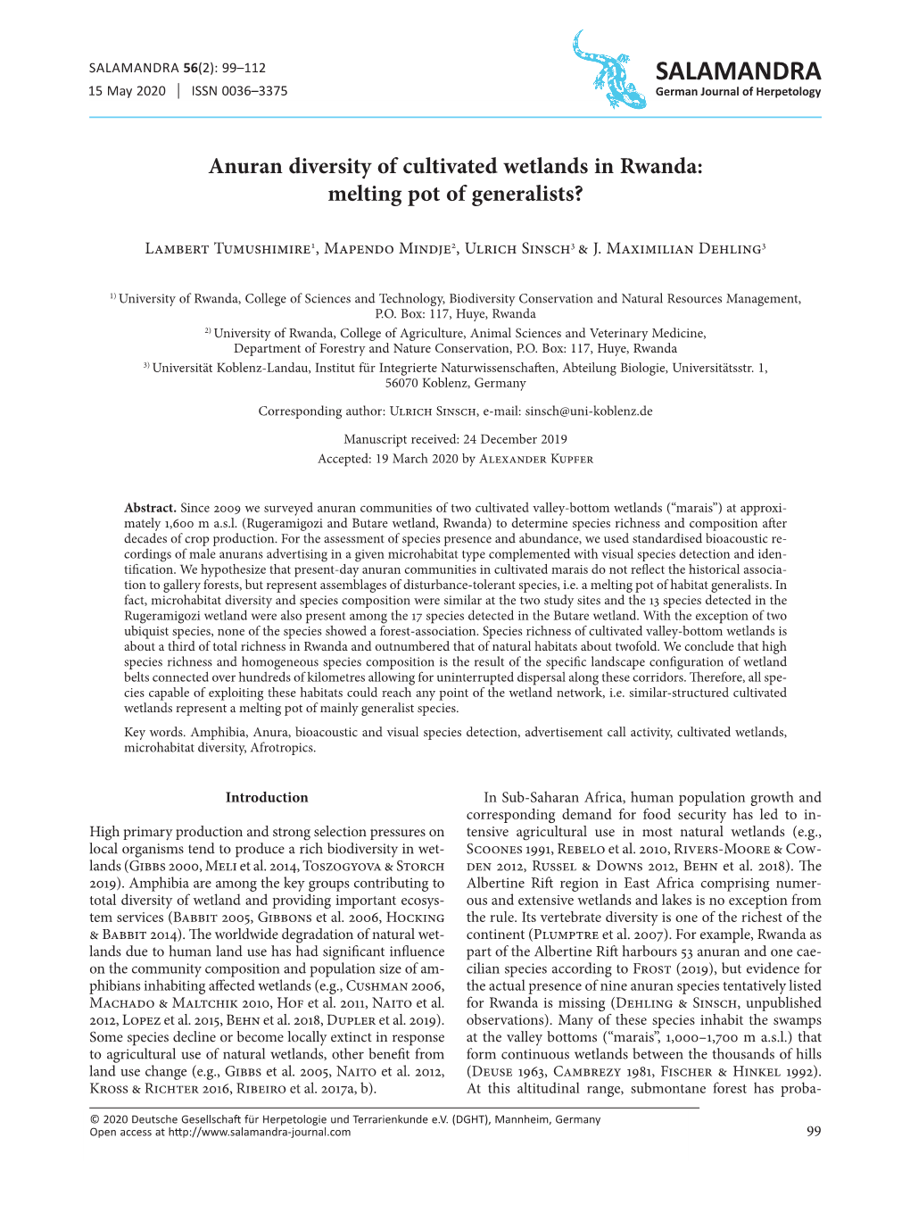 Anuran Diversity of Cultivated Wetlands in Rwanda: Melting Pot of Generalists?SALAMANDRA 15 May 2020 ISSN 0036–3375 German Journal of Herpetology