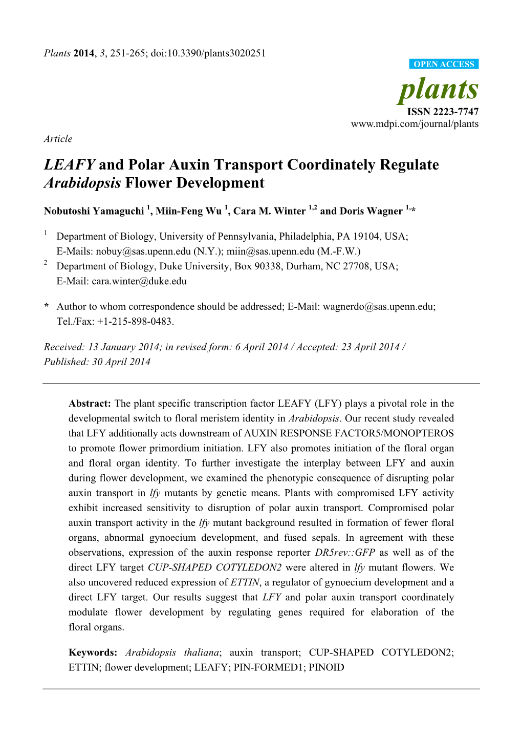 LEAFY and Polar Auxin Transport Coordinately Regulate Arabidopsis Flower Development