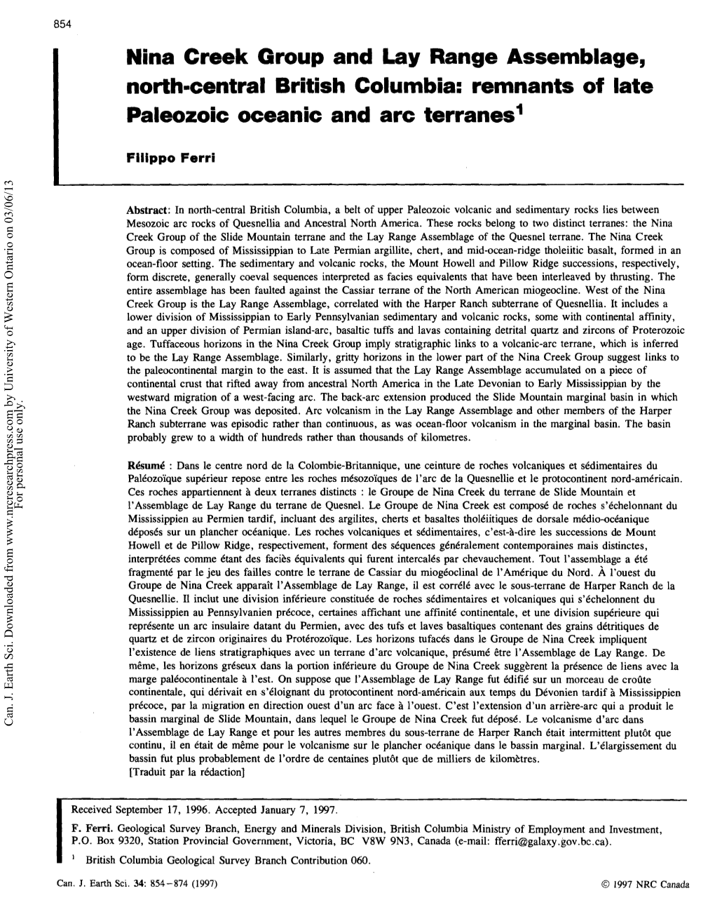 Nina Creek Group and Lay Range Assemblage, North-Central British