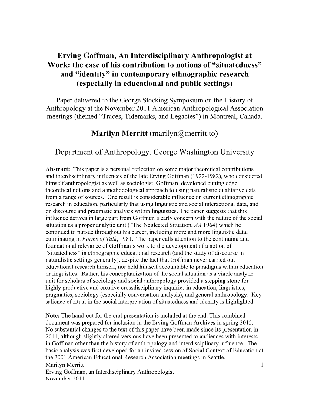 Erving Goffman Interdisciplinary Anthro2011merrittpaper