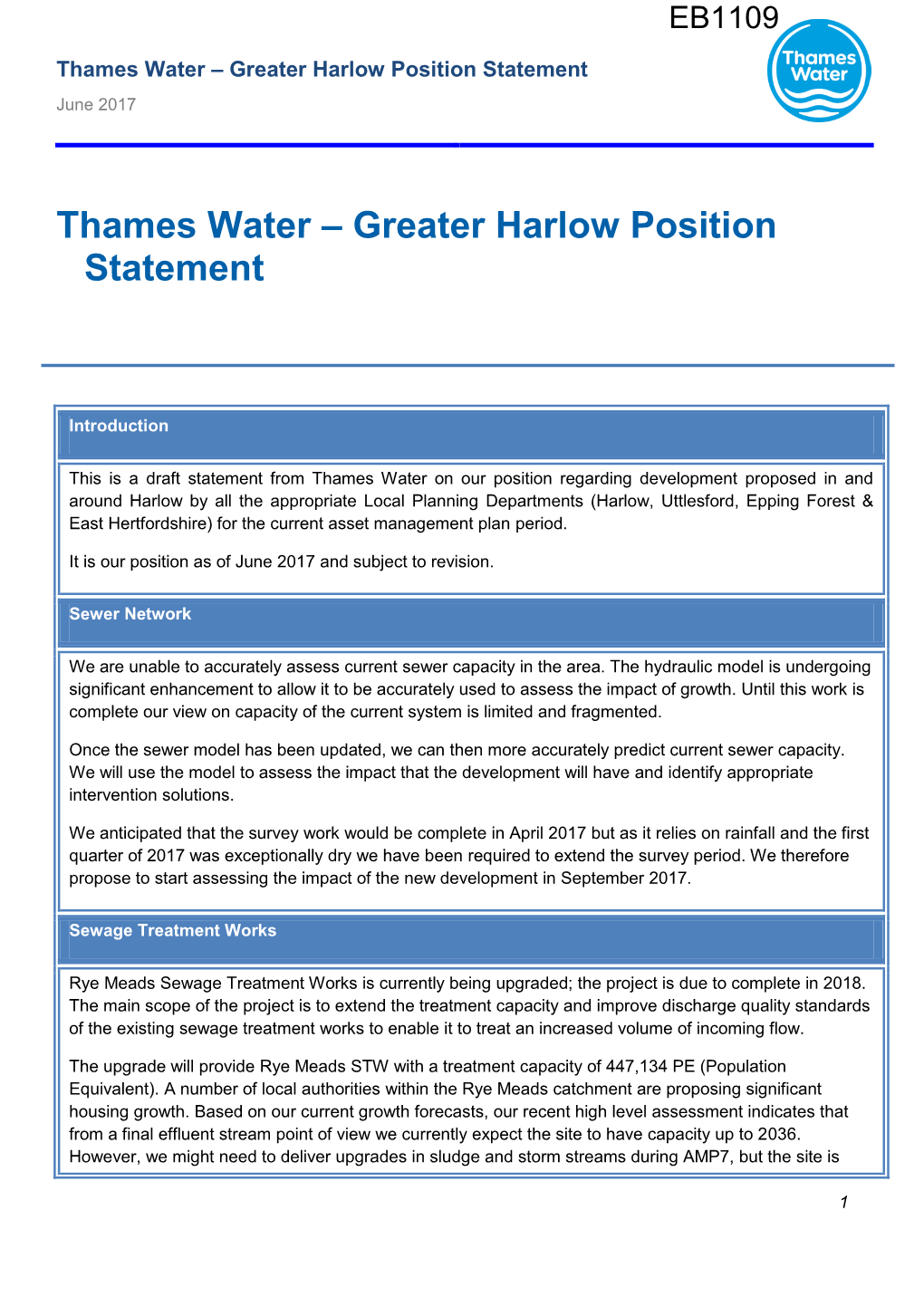 Thames Water – Greater Harlow Position Statement