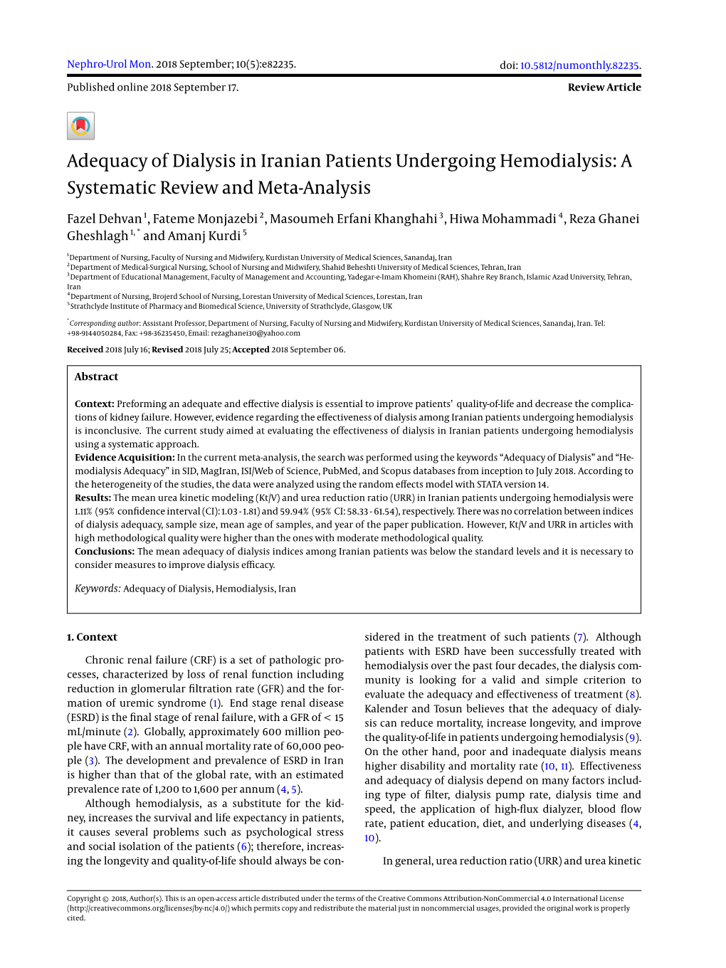Adequacy of Dialysis in Iranian Patients Undergoing Hemodialysis: a Systematic Review and Meta-Analysis