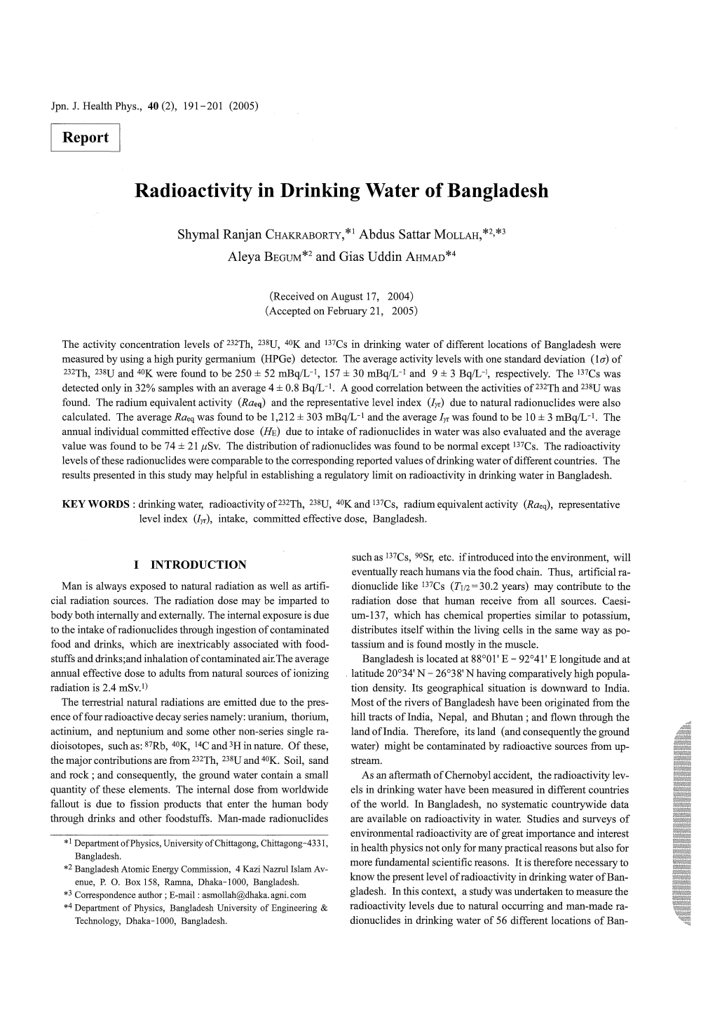 Radioactivity in Drinking Water of Bangladesh