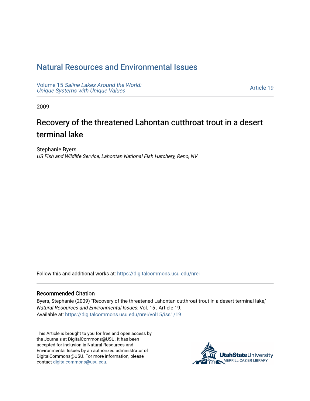 Recovery of the Threatened Lahontan Cutthroat Trout in a Desert Terminal Lake