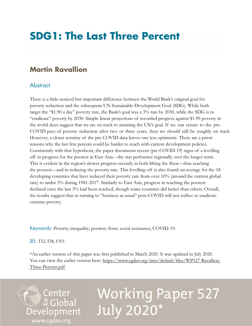 Working Paper 527 July 2020* SDG1: the Last Three Percent