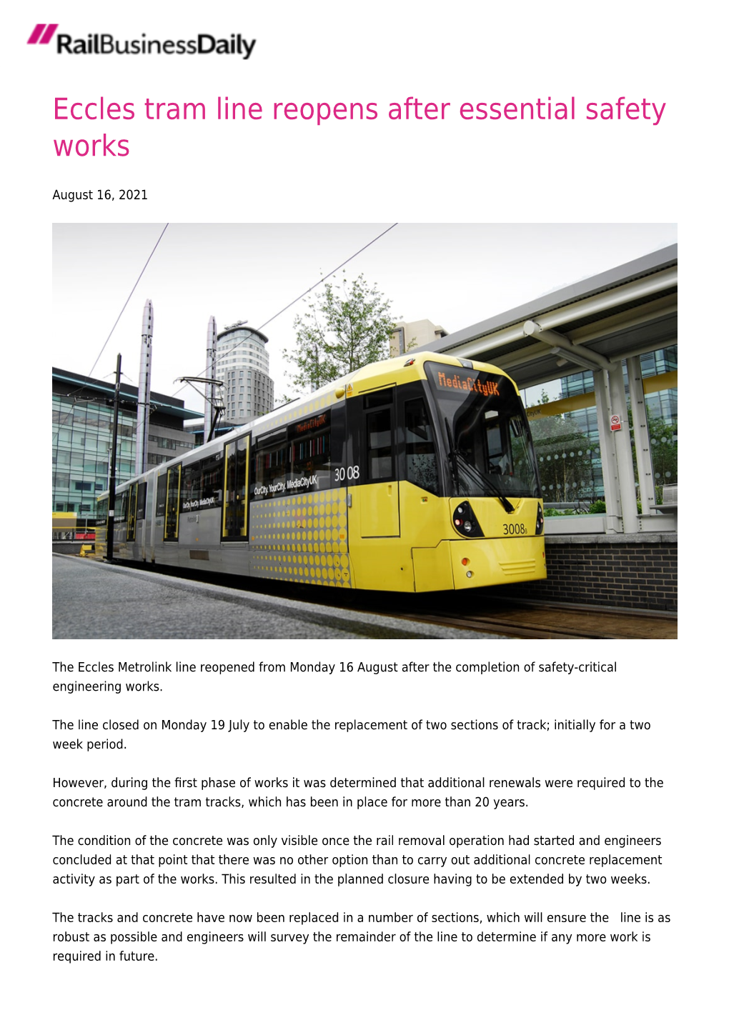 Eccles Tram Line Reopens After Essential Safety Works