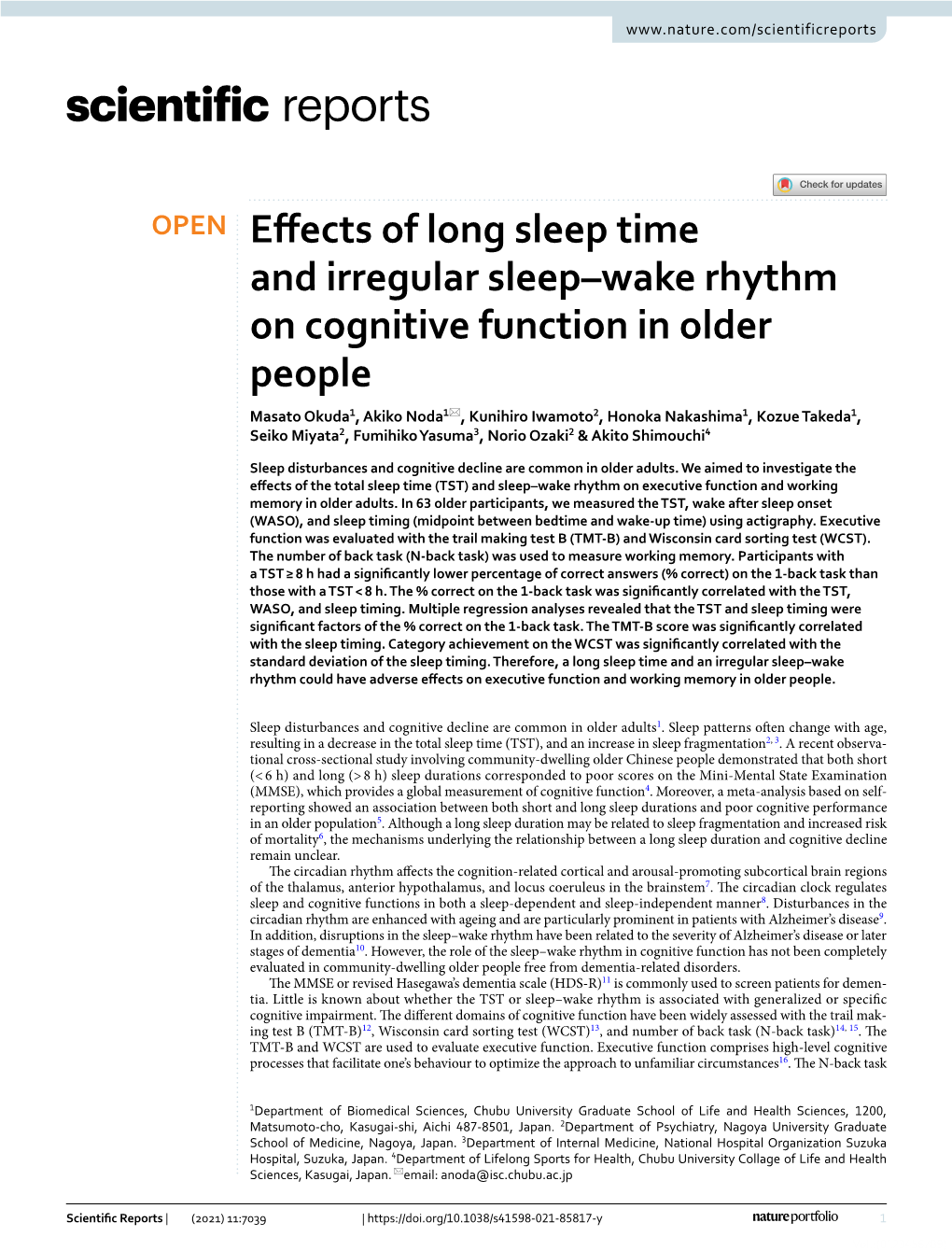 Effects of Long Sleep Time and Irregular Sleep–Wake Rhythm on Cognitive Function in Older People