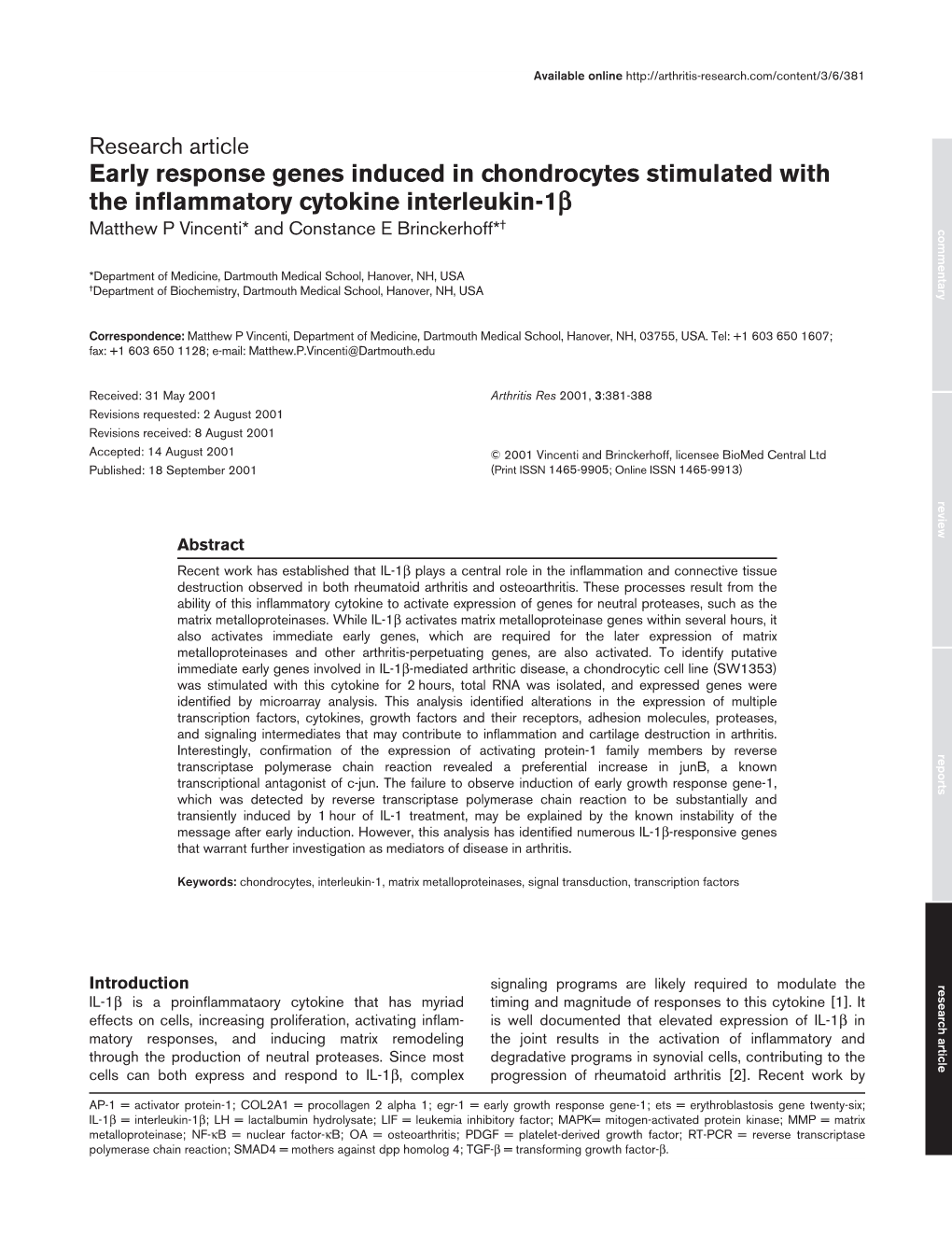 Early Response Genes Induced in Chondrocytes Stimulated with The