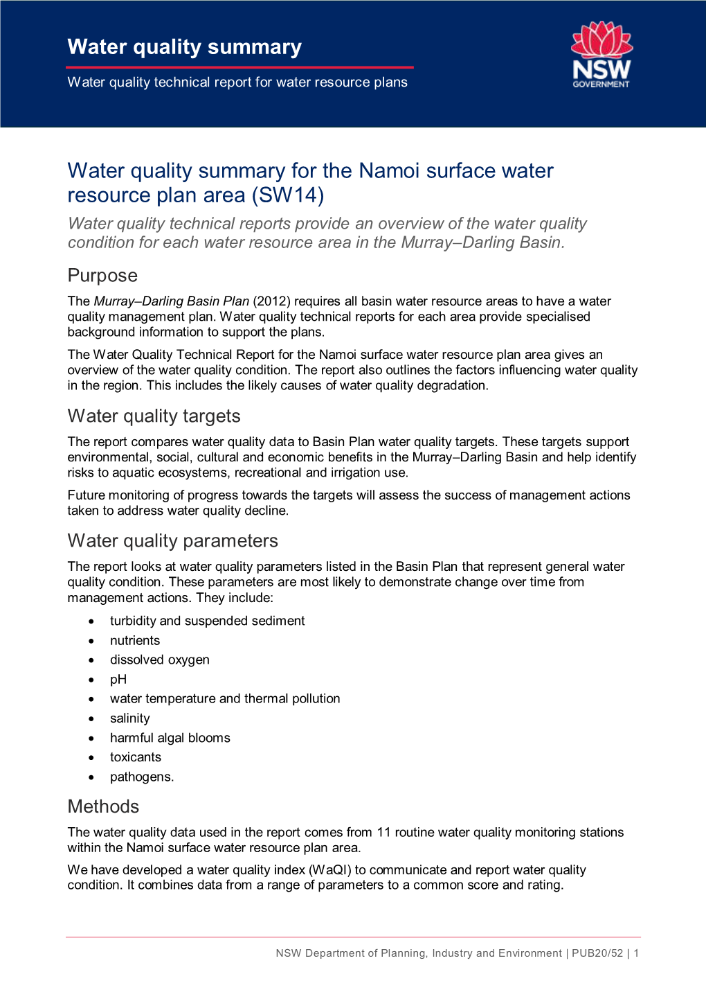 Water Quality Summary for the Namoi Surface Water Resource Plan Area (SW14)