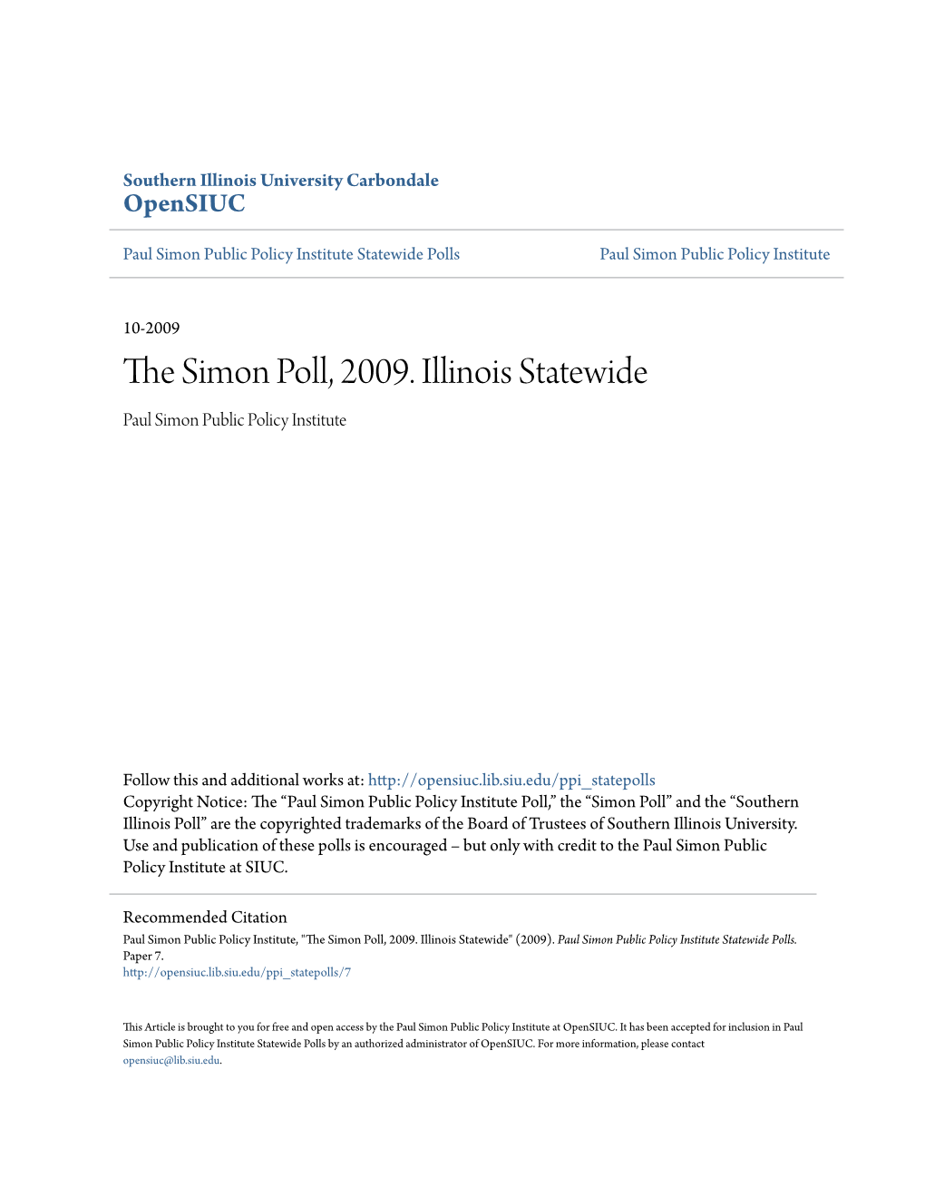 The Simon Poll, 2009. Illinois Statewide