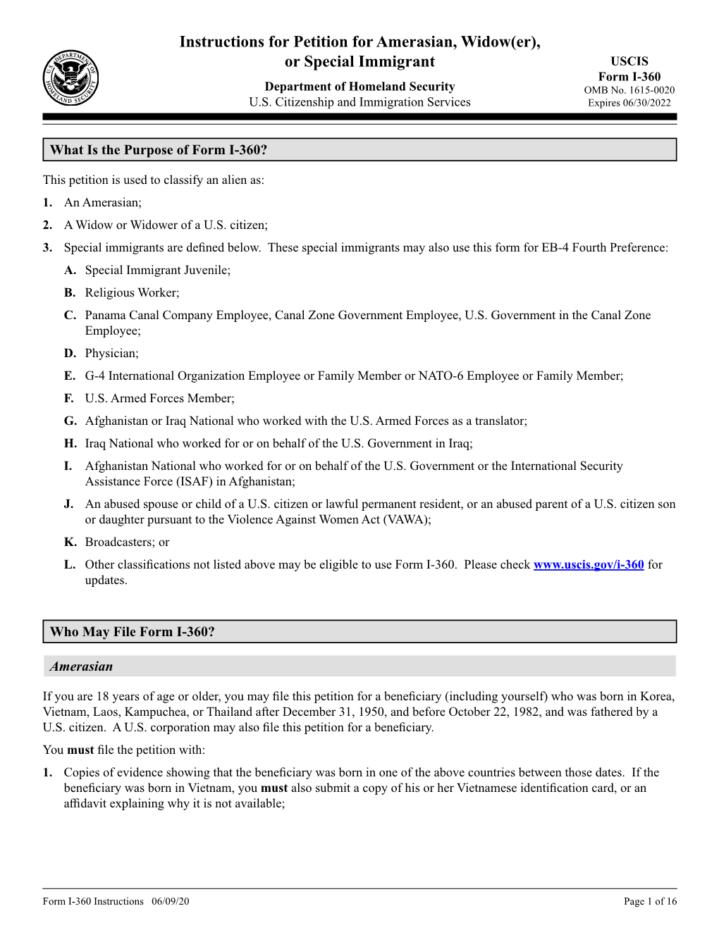 Form I-360, Petition for Amerasian, Widower(Er), Or Special Immigrant