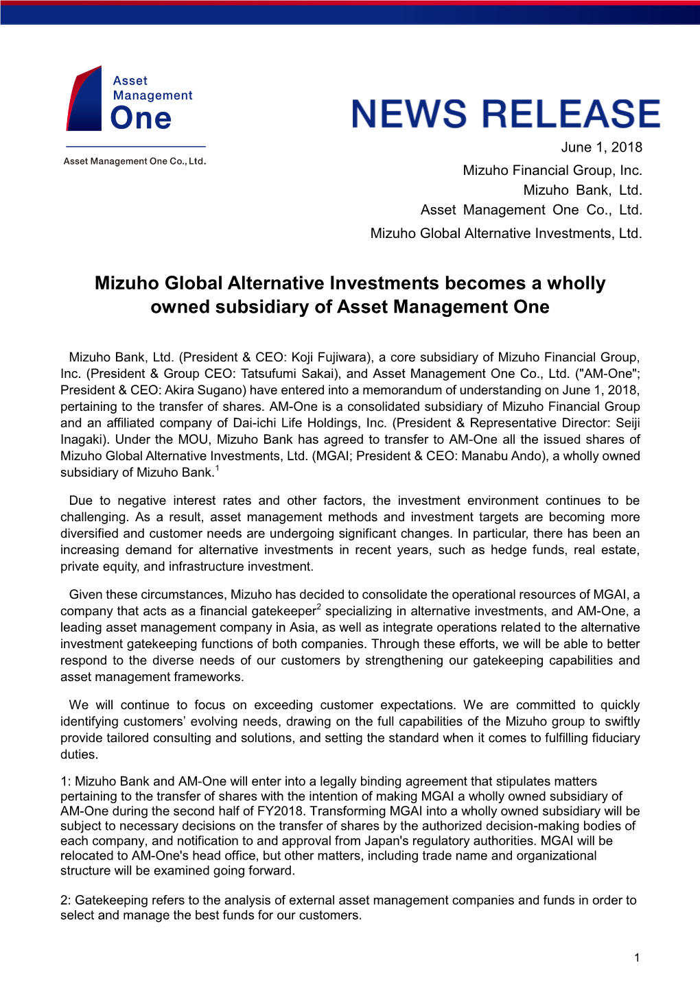 Mizuho Global Alternative Investments Becomes a Wholly Owned Subsidiary of Asset Management One