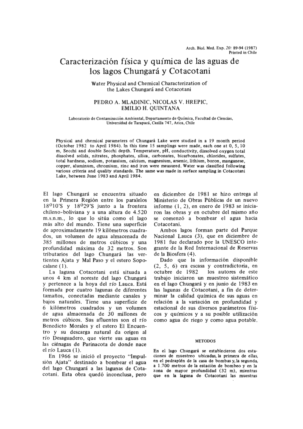 Caracterización Física Y Química De Las Águas De Los Lagos Chungará Y Cotacotani